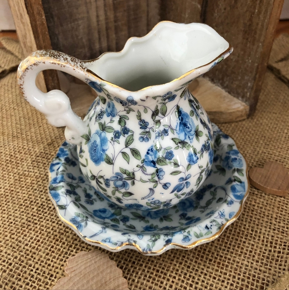 Vintage Royal Chintz Flower Small Creamer Pitcher and Bowl 2179 Blue Floral